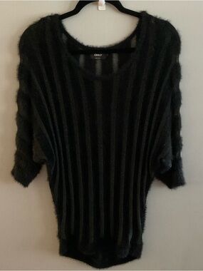 Only Black Ribbed Fuzzy Knit Short Sleeve Sweater
